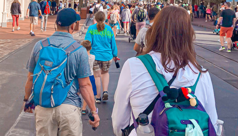 pushing a stroller down main street in the magic kingdom