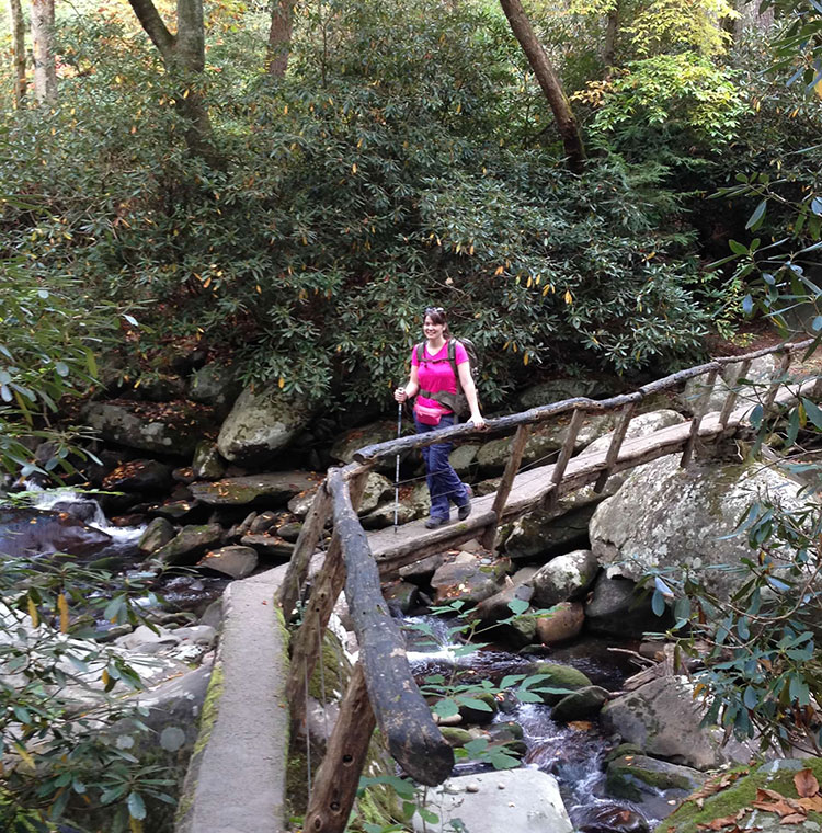 Person on log bridge on Porters Creek trail